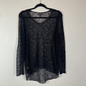 EILEEN FISHER Black Mesh V Neck Long Sleeve Sweater Knit Top M Leather Trim